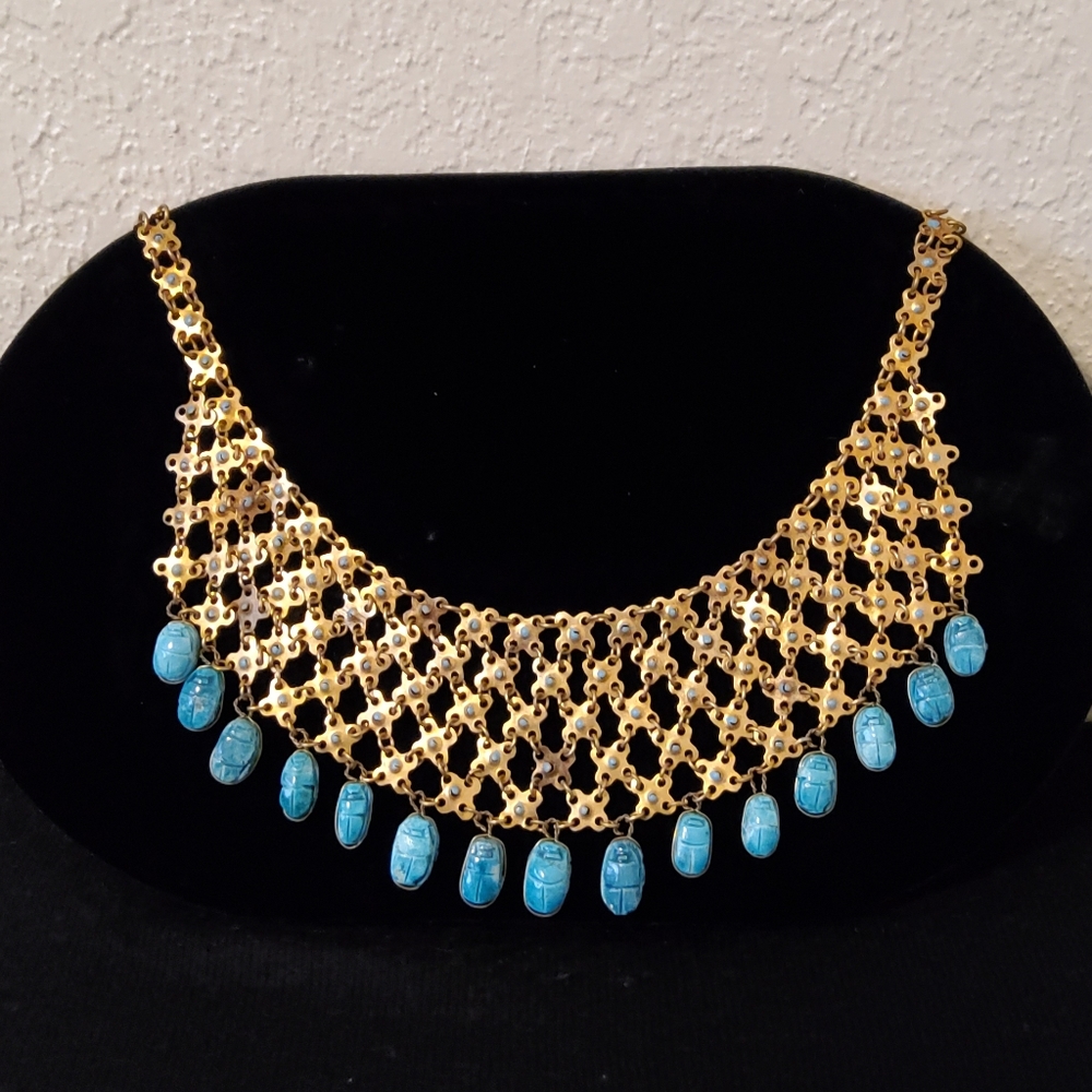 Bib Necklace Egyptian Faience Scarab Beads Brass Turquoise Enamel Hand Crafted